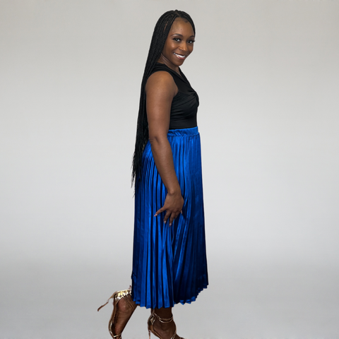 Blue Petal Pleated Midi Skirt